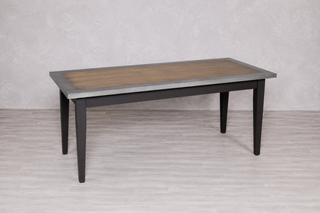 Zinc and Copper Edge Table Tops with a Wooden Tapered Base
