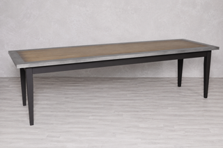 Zinc and Copper Edge Table Tops with a Wooden Tapered Base