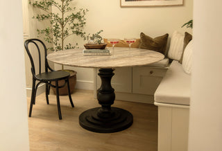 Round Travertine Top Table With Wooden Pedestal Base