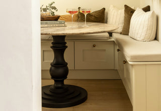 Round Travertine Top Table With Wooden Pedestal Base