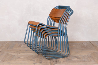 Vintage Stacking Chairs with Plywood Seat & Back with Blue Frame
