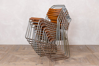 Vintage Stacking Chairs with Slatted Seat & Back with Silver Frame