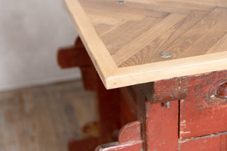 Red Industrial Style Kitchen Island with Oak Chevron Top