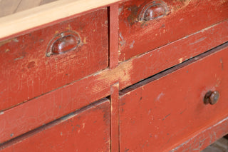 Red Industrial Style Kitchen Island with Oak Chevron Top