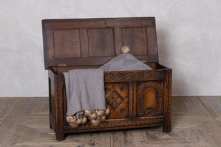 Large Antique Gothic Revival Blanket Box - Open with Blanket Inside