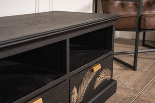black-storage-unit-with-leaf-design