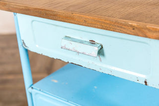 blue metal bedside table with pull out drawer
