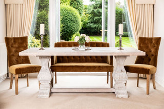 classic mustard bench and chairs