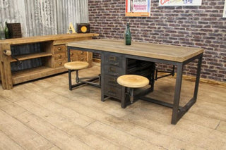 distressed rustic office desk with stools