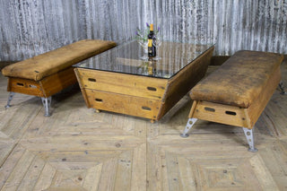 industrial coffee table and benches