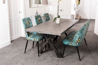 teal dining bench and chairs
