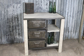 whitewashed industrial sideboard