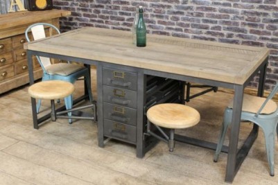 industrial style office desk with swing out seats