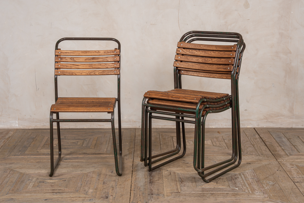 vintage industrial slatted stacking chairs