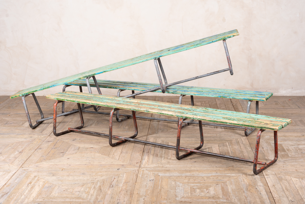 wood and metal industrial benches