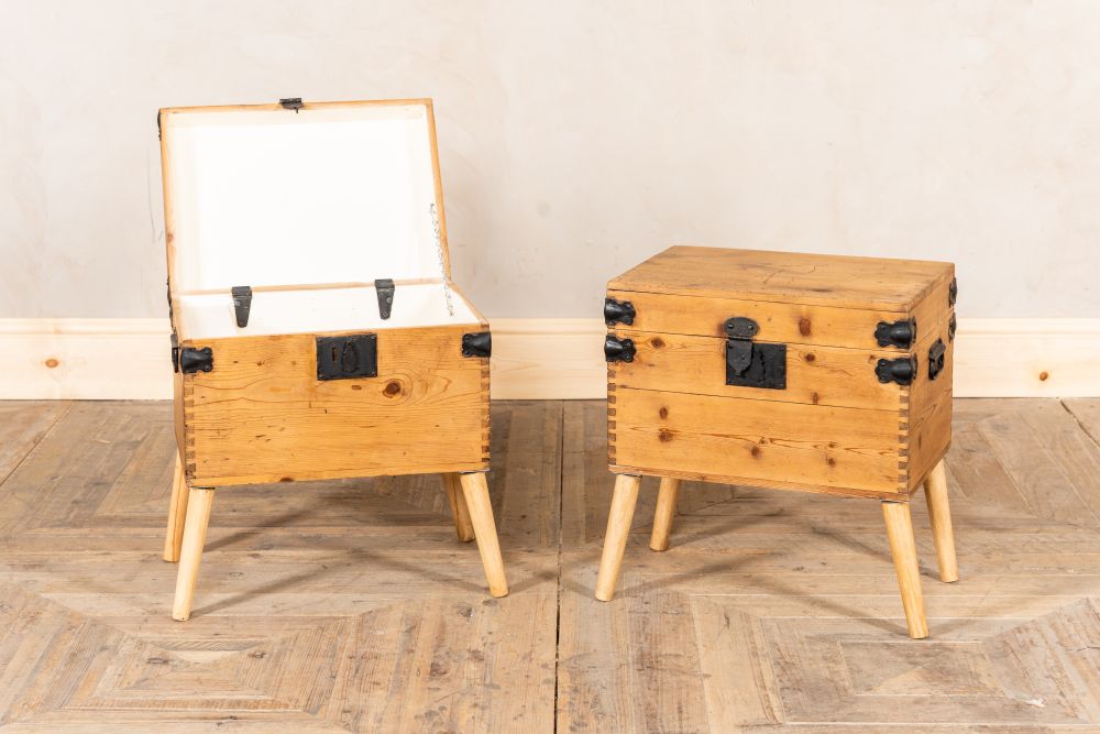 pair of upcycled pine travelling chests